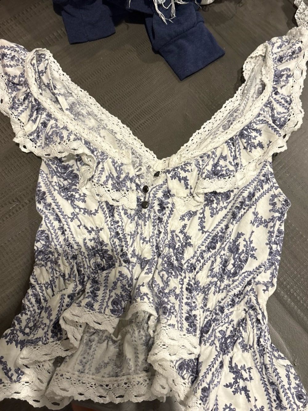 Urban Outfitters White and Blue Floral Lace-Trim Cami